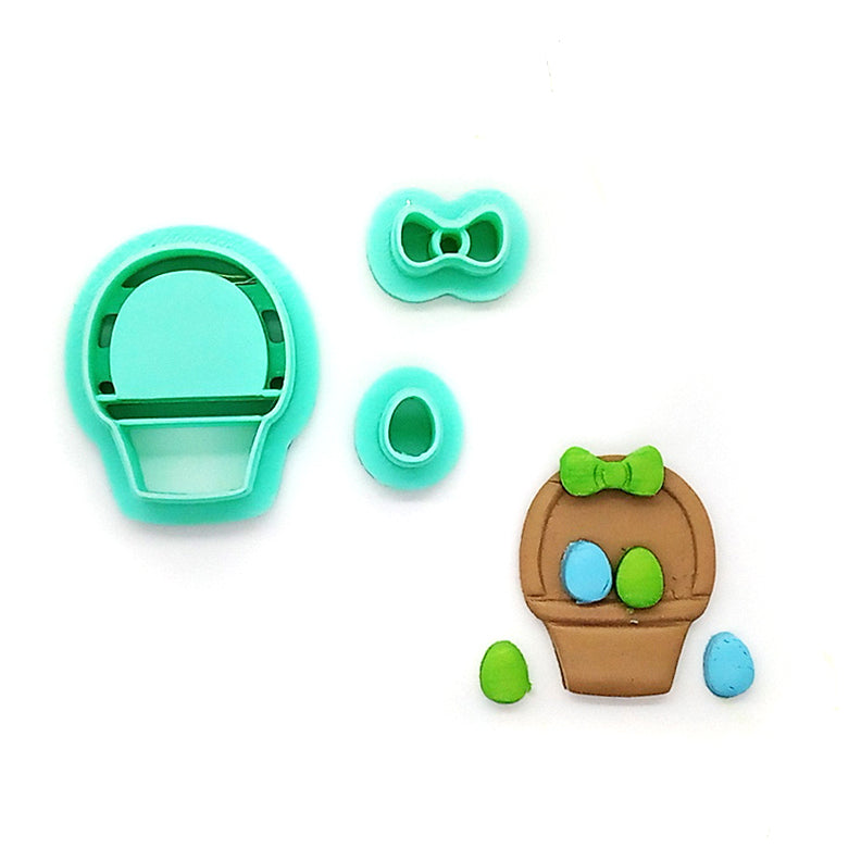 Set of green clay cutters: Easter basket, bow, and tiny egg.