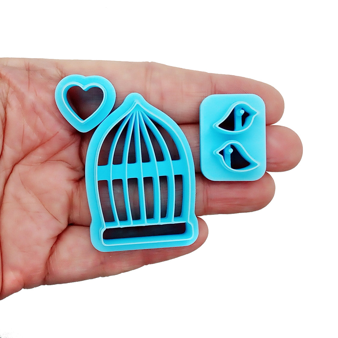 Cute birds and heart with birdcage blue polymer clay cutter set