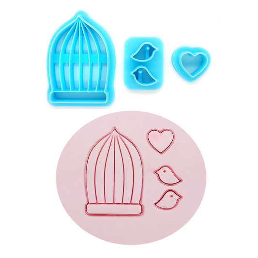 Cute birds and heart with birdcage blue polymer clay cutter set