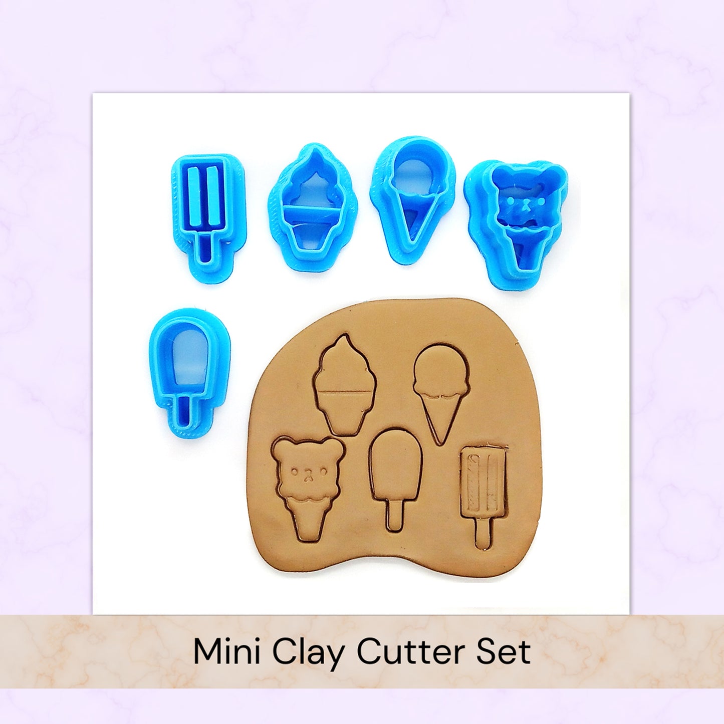 Mini clay cutter set with various ice cream shapes on a light purple background