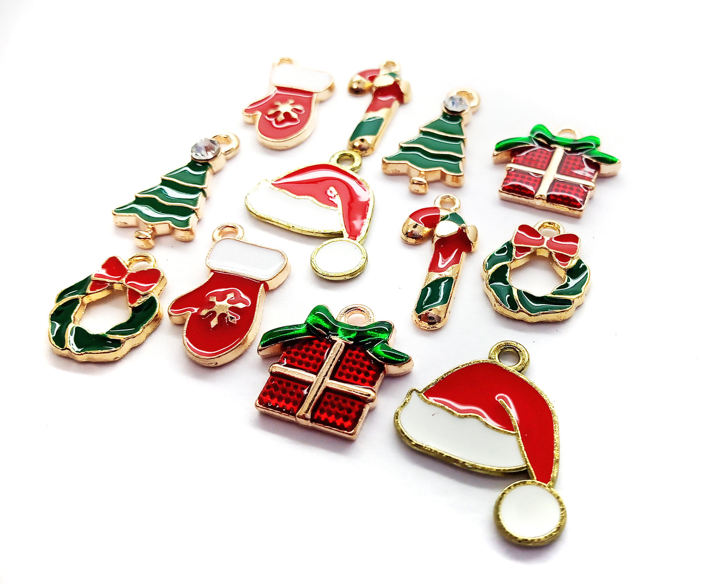 Enamel Christmas Charms, 5 Pairs for Earrings, with Trees, Wreaths, Candy Canes, Hats & Mittens