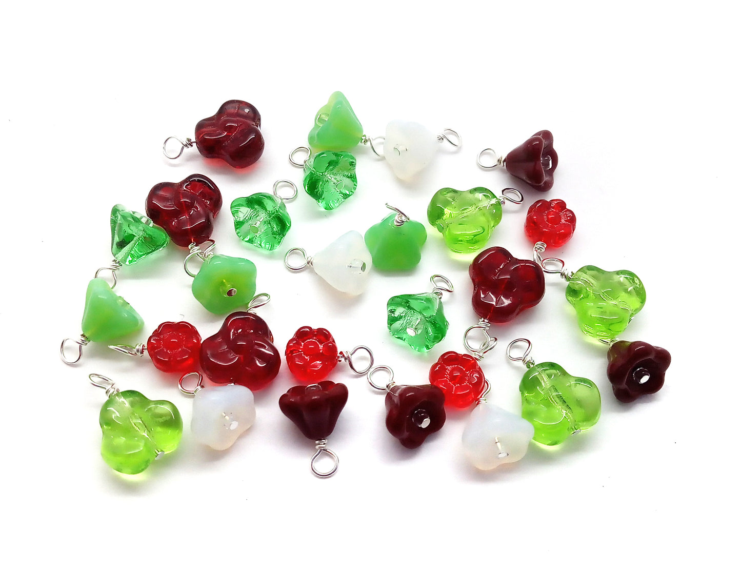 15 Christmas Flower Dangles, Red & Green Glass Bead Charms