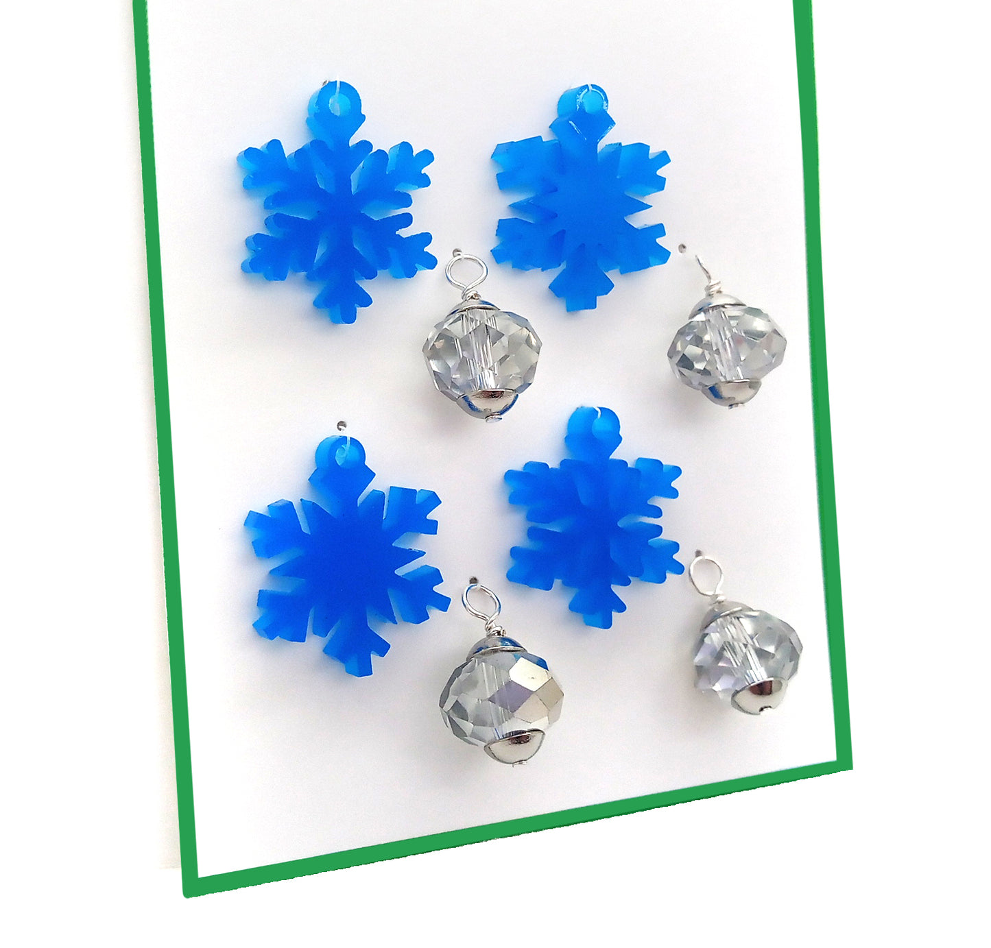 Miniature Christmas Ornaments, 8 pc, Blue Snowflakes & Silver Balls