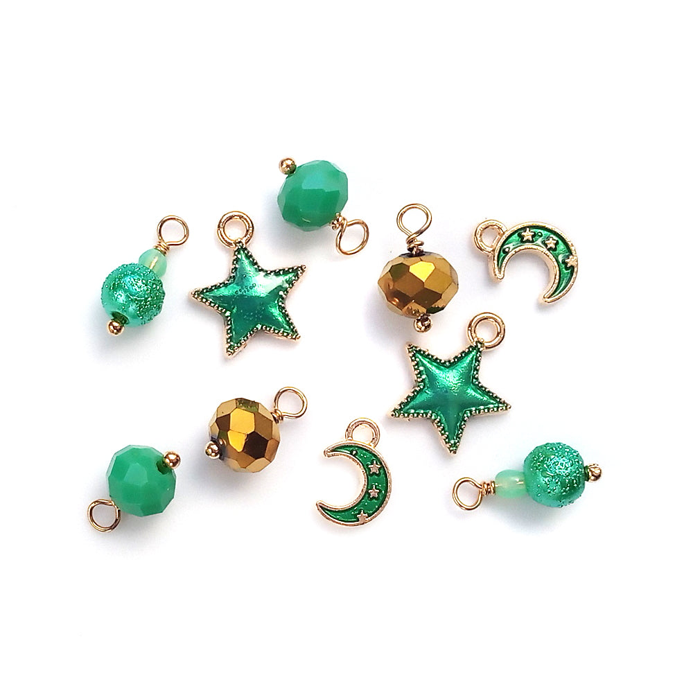 Green & Gold Stars and Moons Charm Mix, 12 pcs