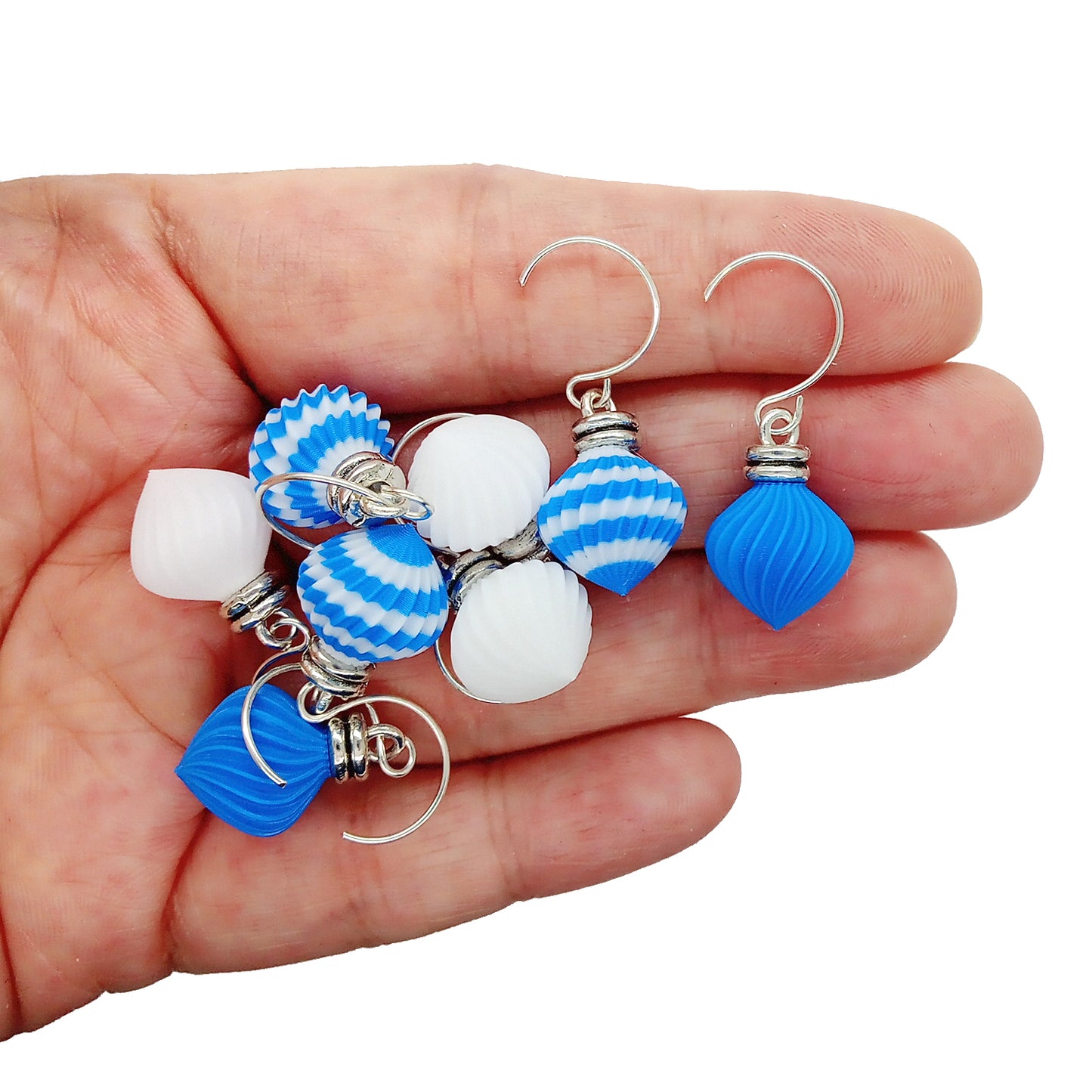 Miniature Christmas ornaments with hooks/hangers in white, blue and a blue and white striped pattern. Made by Adorabilities and Teeny Tiny Christmas.