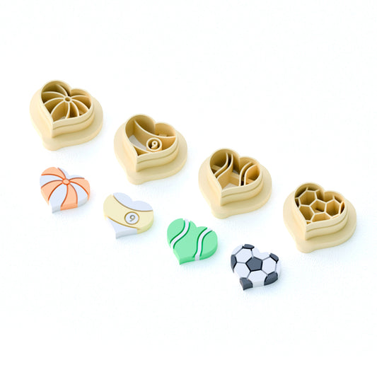Sports balls in hearts polymer clay cutter set.