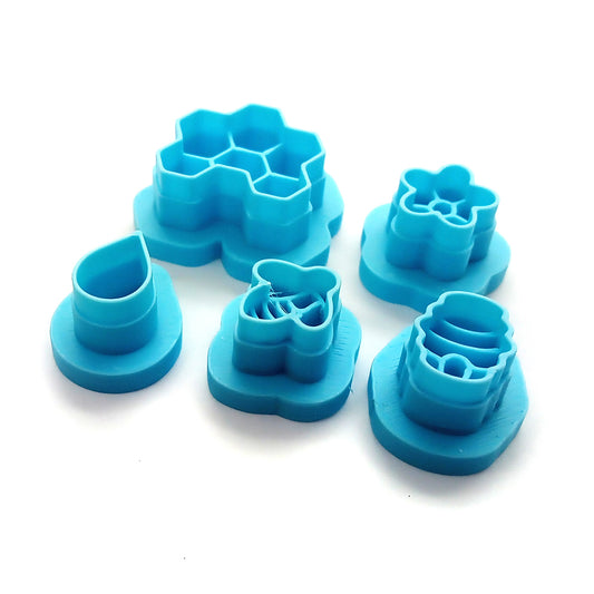 Tiny clay cutters for stud earrings: bee, hive, flower, honeycomb and honey drop