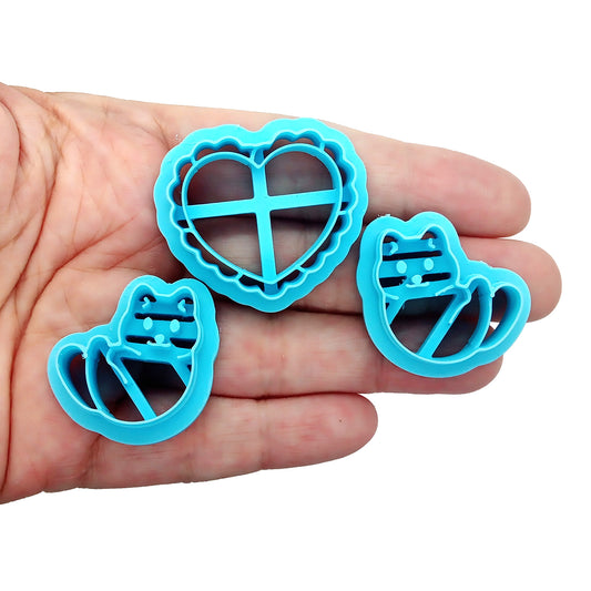 Cats in heart polymer clay cutter set.