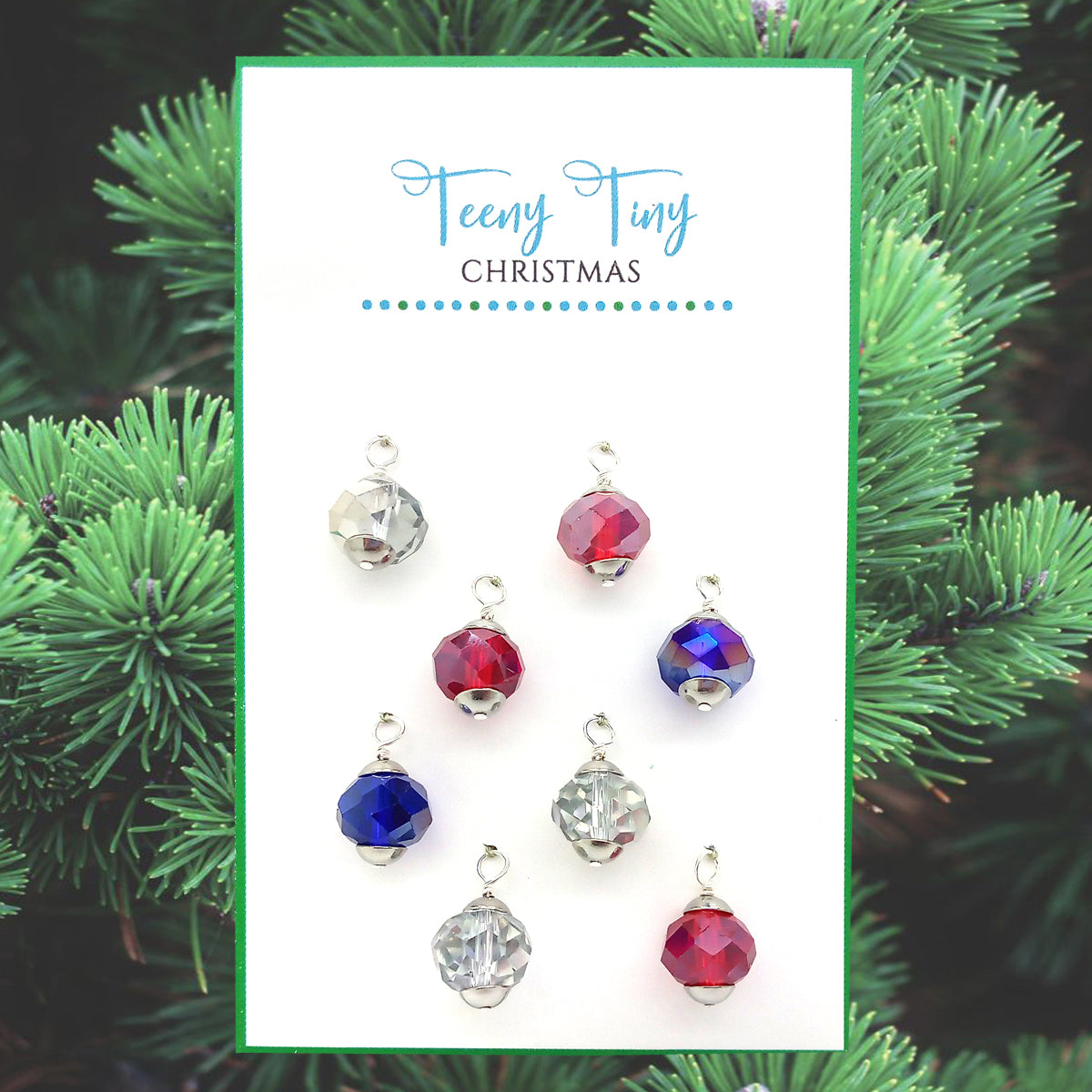 Glass Mini Christmas Ornaments in Red Blue & Silver, 8 pieces