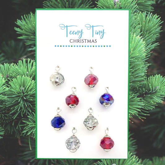Glass Mini Christmas Ornaments in Red Blue & Silver, 8 pieces