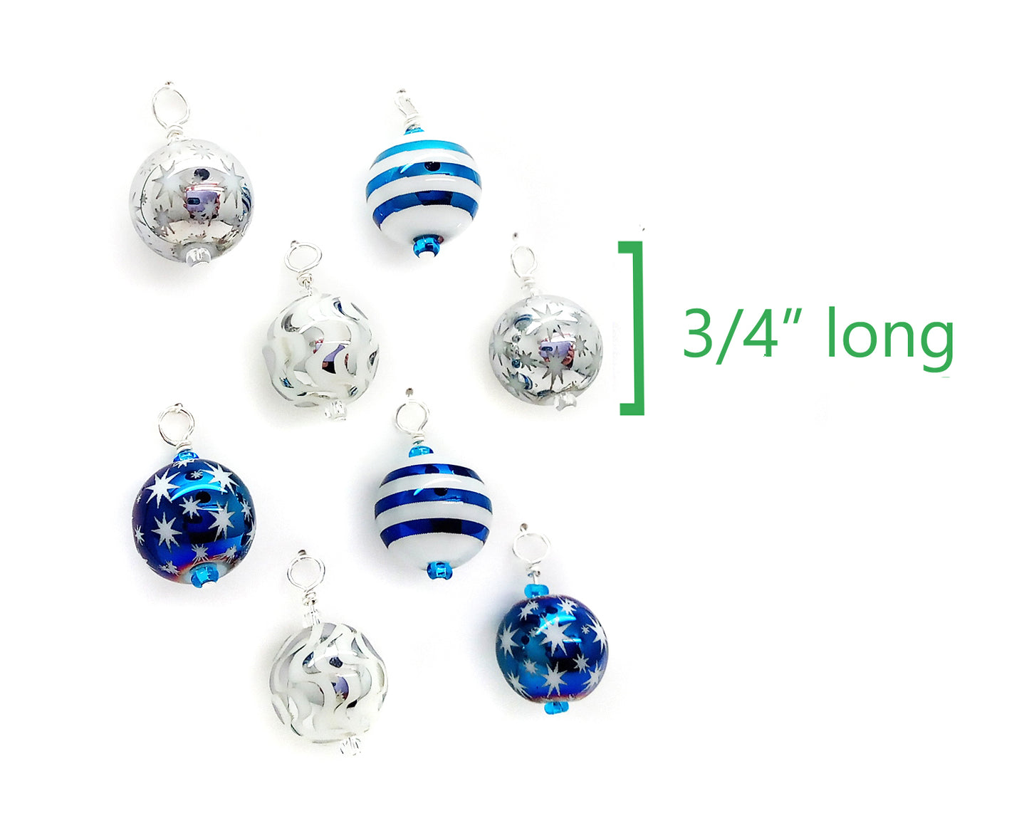 Dollhouse Miniature Ornaments, Blue Glass Christmas Baubles, 8 pcs