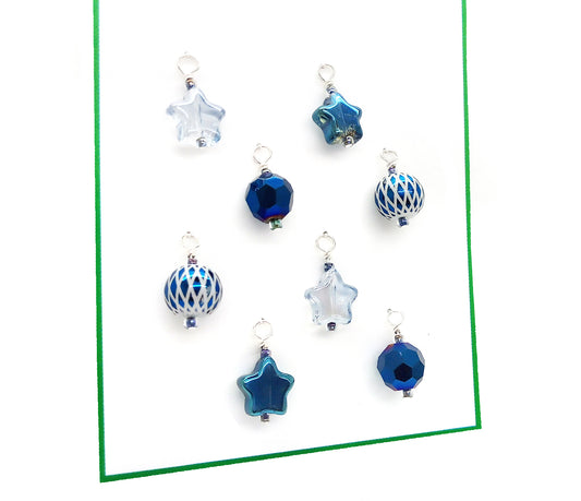 Miniature Ornaments for Tiny Chrismas Trees, 8 pcs, Blue Stars & Baubles