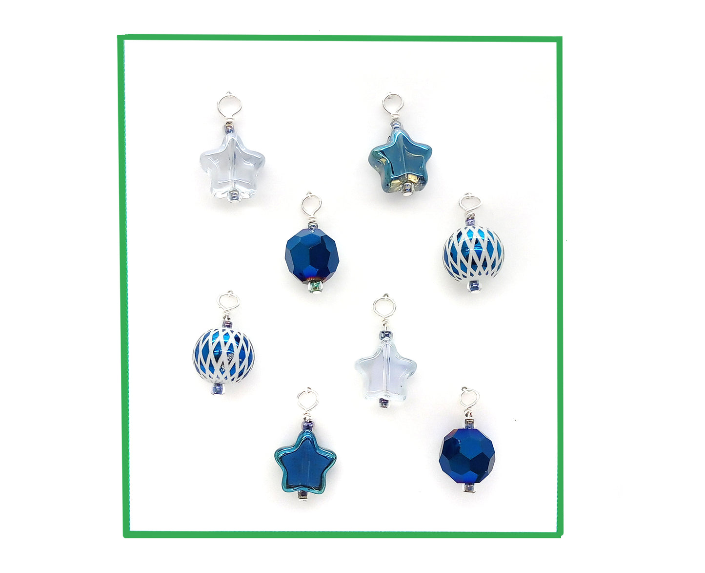 Miniature Ornaments for Tiny Chrismas Trees, 8 pcs, Blue Stars & Baubles