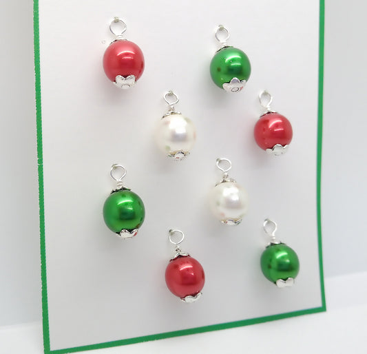 Mini Christmas Ornaments, 8pc, Red White & Green Glass Balls, 1/2 inch long
