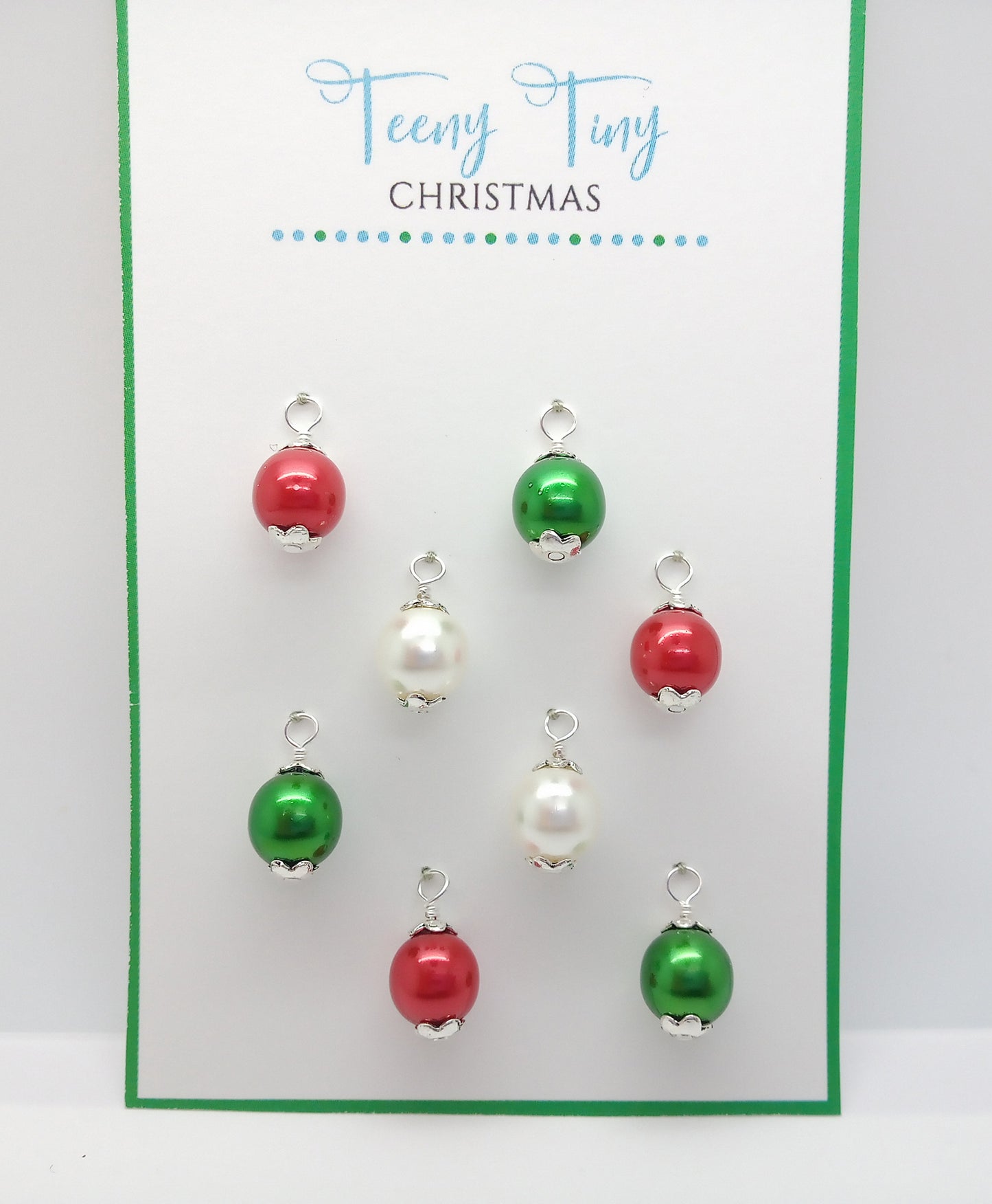 Mini Christmas Ornaments, 8pc, Red White & Green Glass Balls, 1/2 inch long