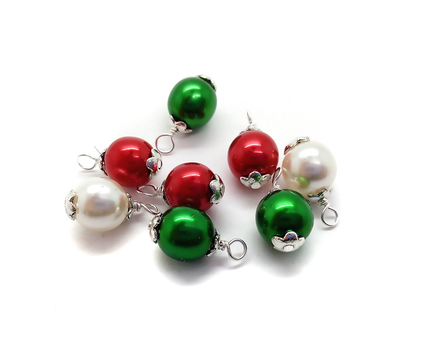 Mini Christmas Ornaments, 8pc, Red White & Green Glass Balls, 1/2 inch long
