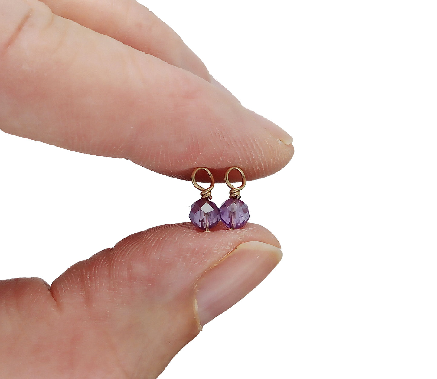 4mm Amethyst Bead Dangles with Gold Wire, February Birthstone Charms, Pair