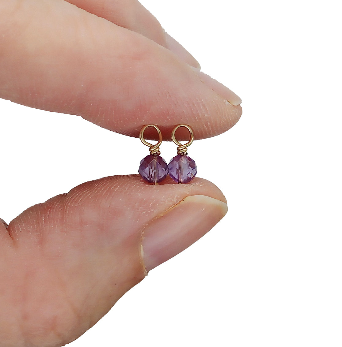 4mm Amethyst Bead Dangles with Gold Wire, February Birthstone Charms, Pair
