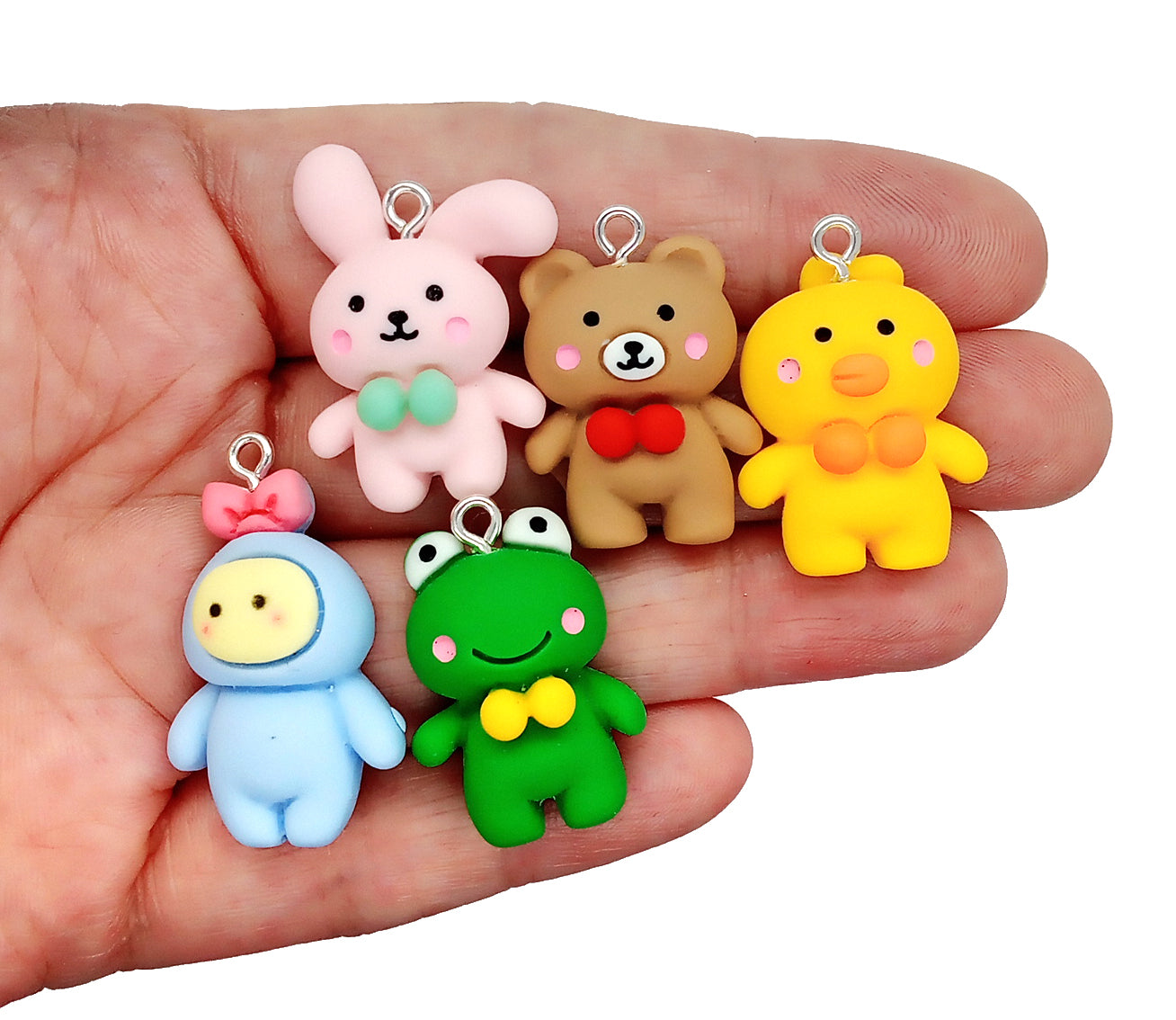Cute Animal Charms, 5 piece Mix, Includes Frog Rabbit Chick & Bear