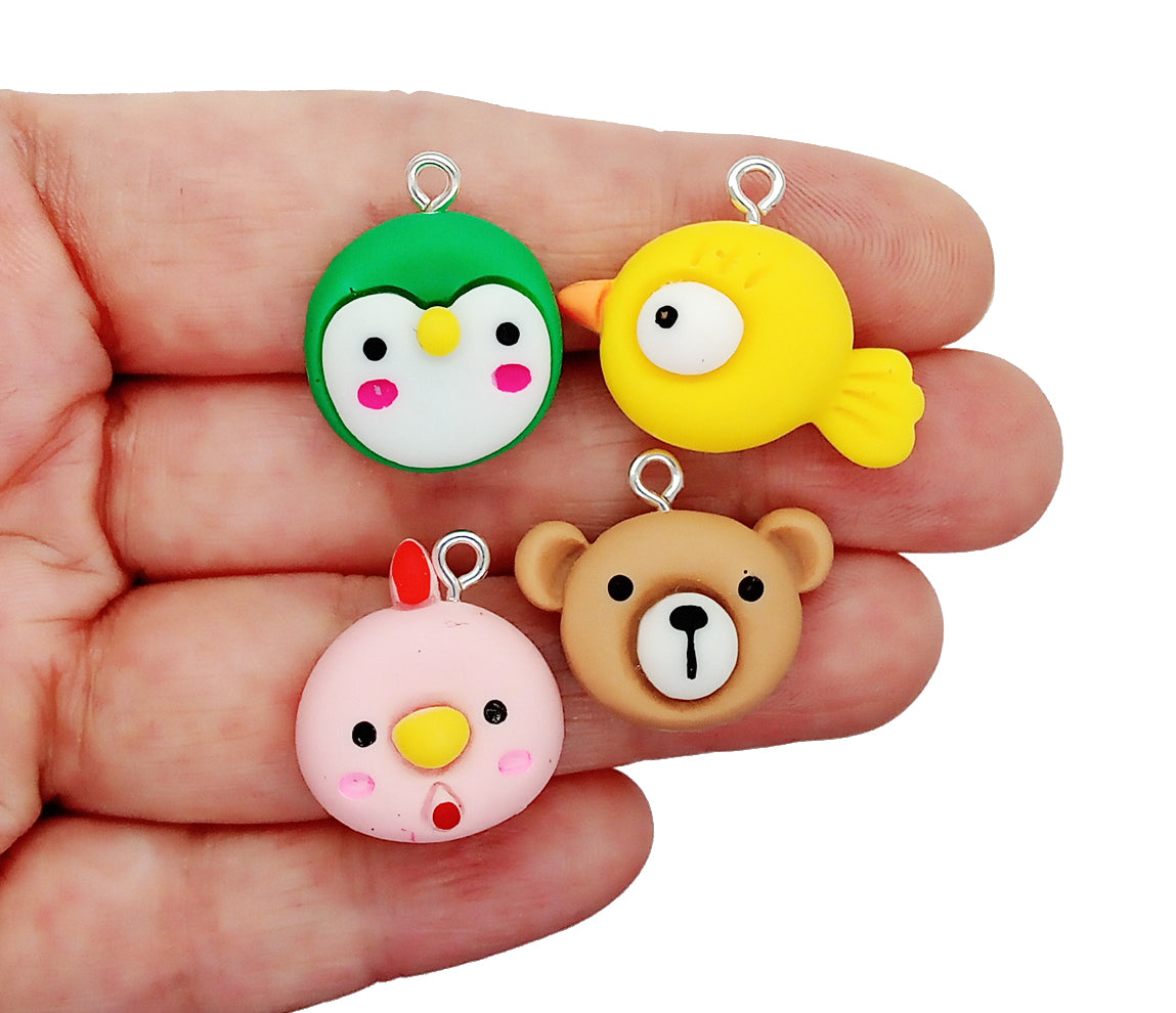 Kawaii Animal Faces Charms, 6 piece Mix of Penguin Chicken Bird & Bear