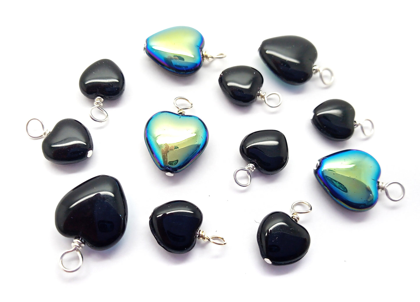 Black Heart Charms made from Glass Beads, 10 pieces