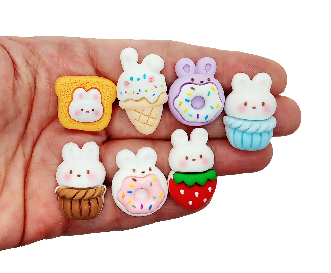 Kawaii Bunny Cabochons, 6 pc, Cute Rabbit Resin Flatbacks
