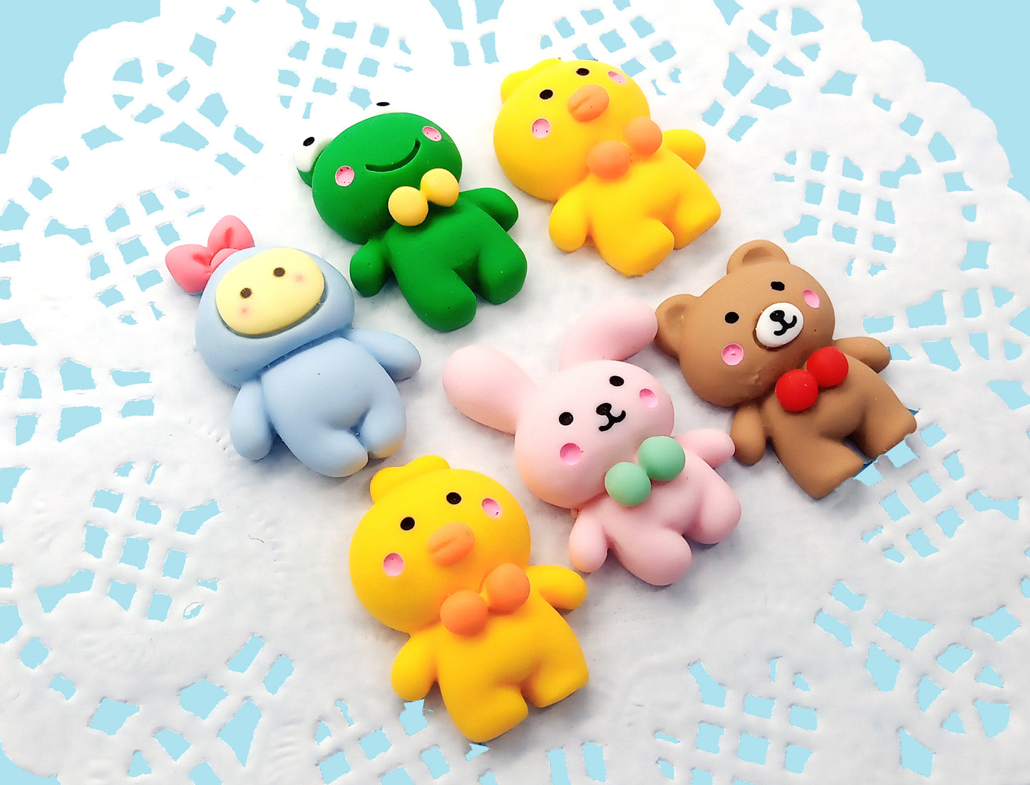 Kawaii Animal Cabochons, Set of 6 Resin Flatbacks, Rabbit Duck Bear & Frog