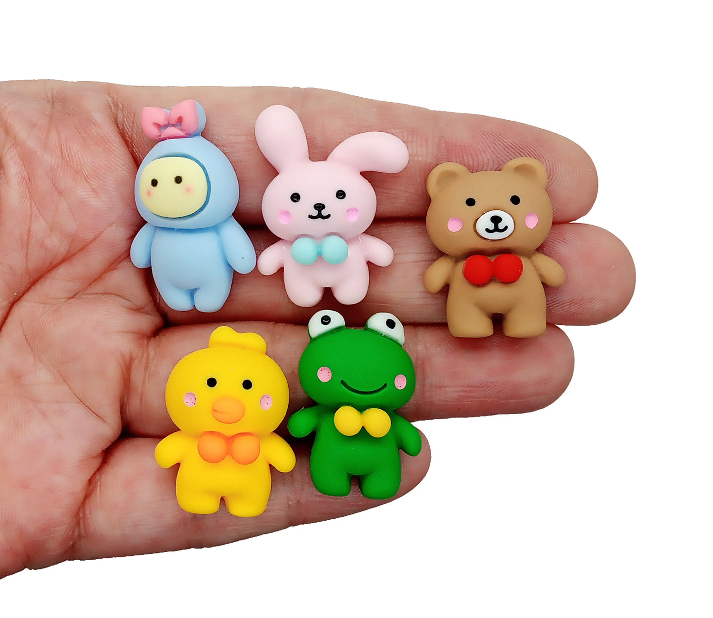 Kawaii Animal Cabochons, Set of 6 Resin Flatbacks, Rabbit Duck Bear & Frog
