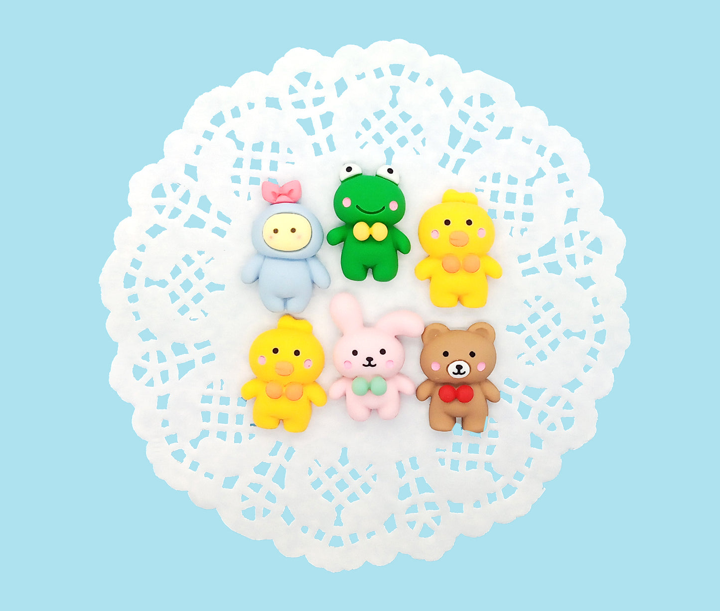 Kawaii Animal Cabochons, Set of 6 Resin Flatbacks, Rabbit Duck Bear & Frog