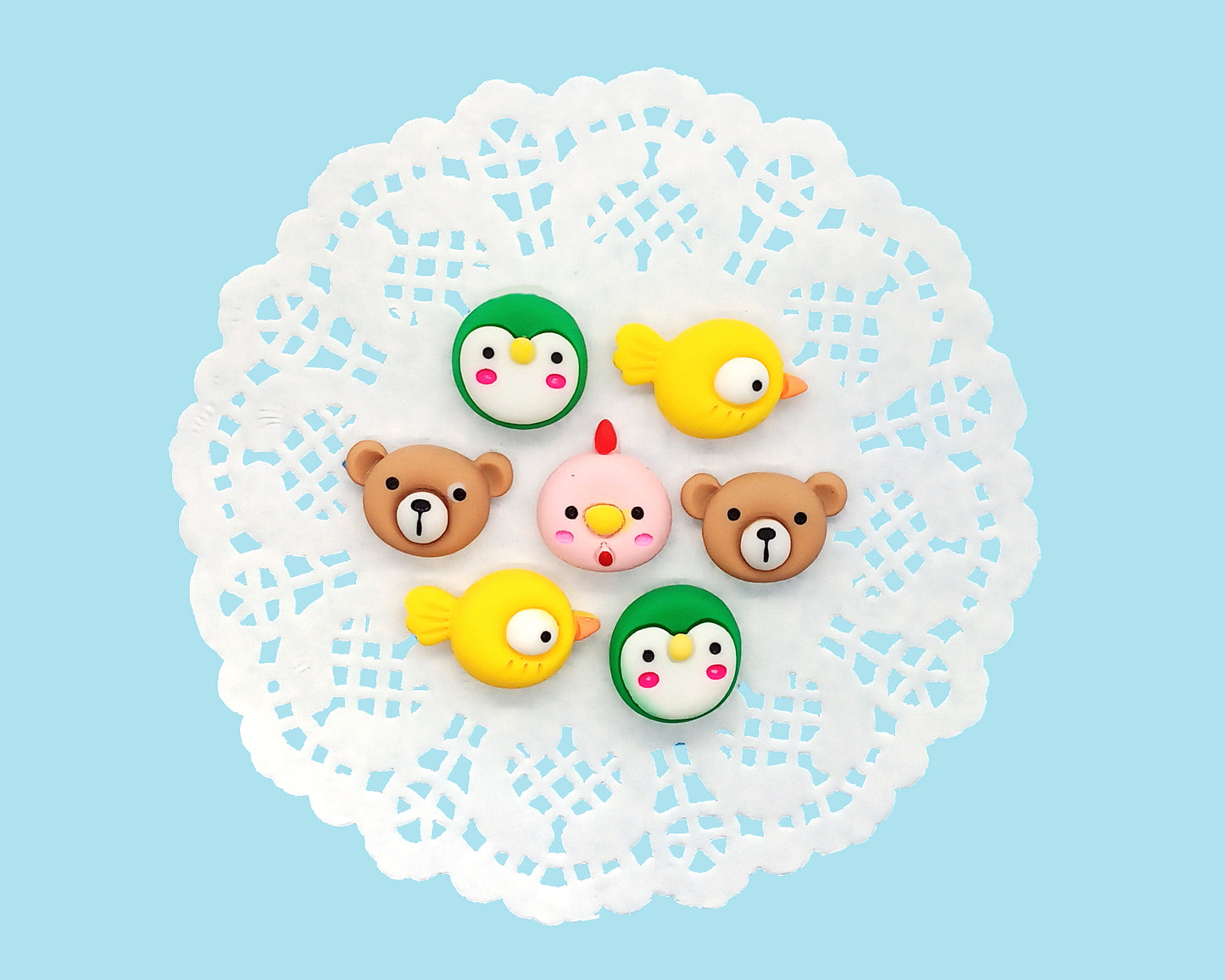 Kawaii Animal Face Flatbacks, Set of 6 Cute Resin Cabochons