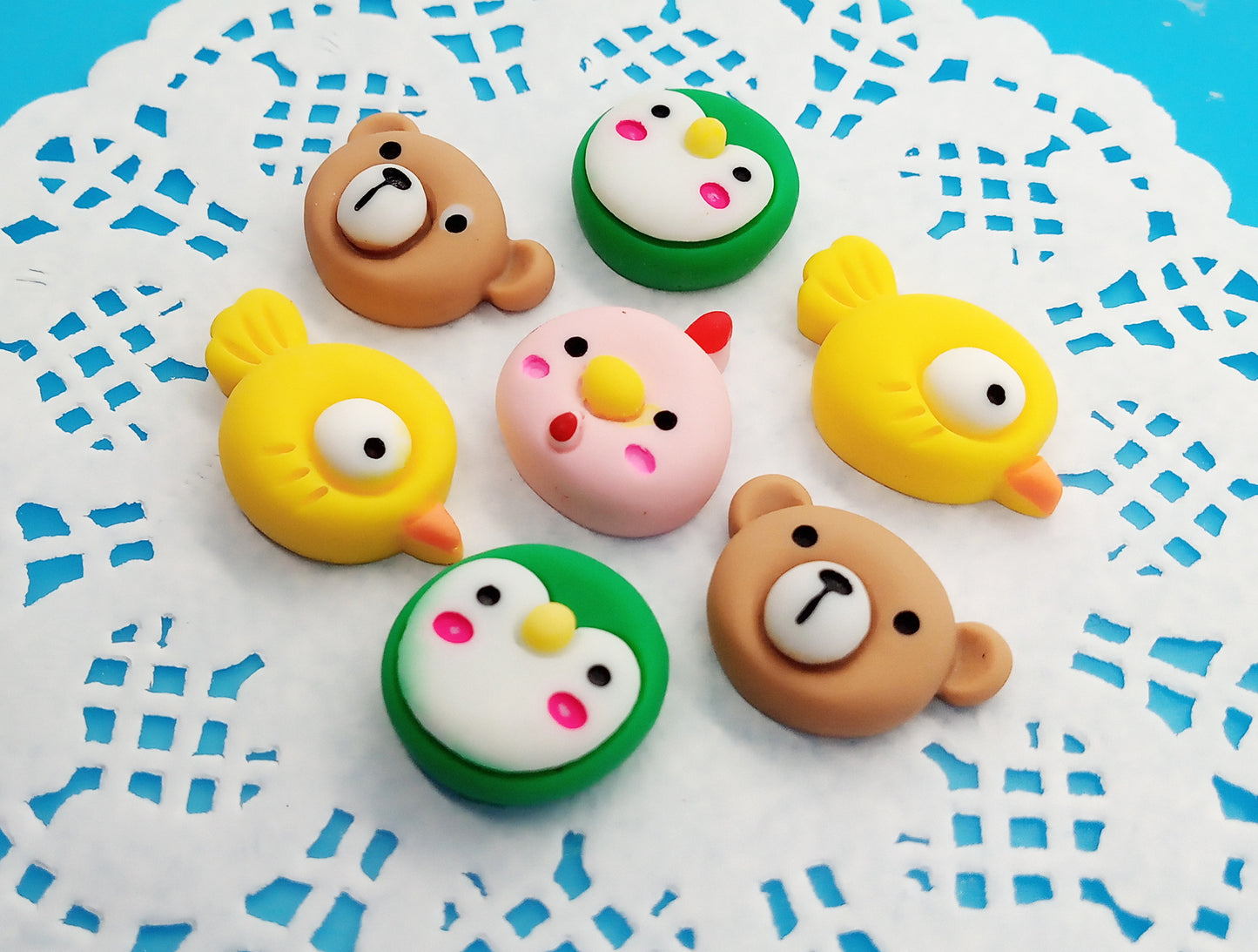 Cute Animal Face Cabochons, Set of 6 Resin Flatbacks, Bear Chicken Bird & Penguin