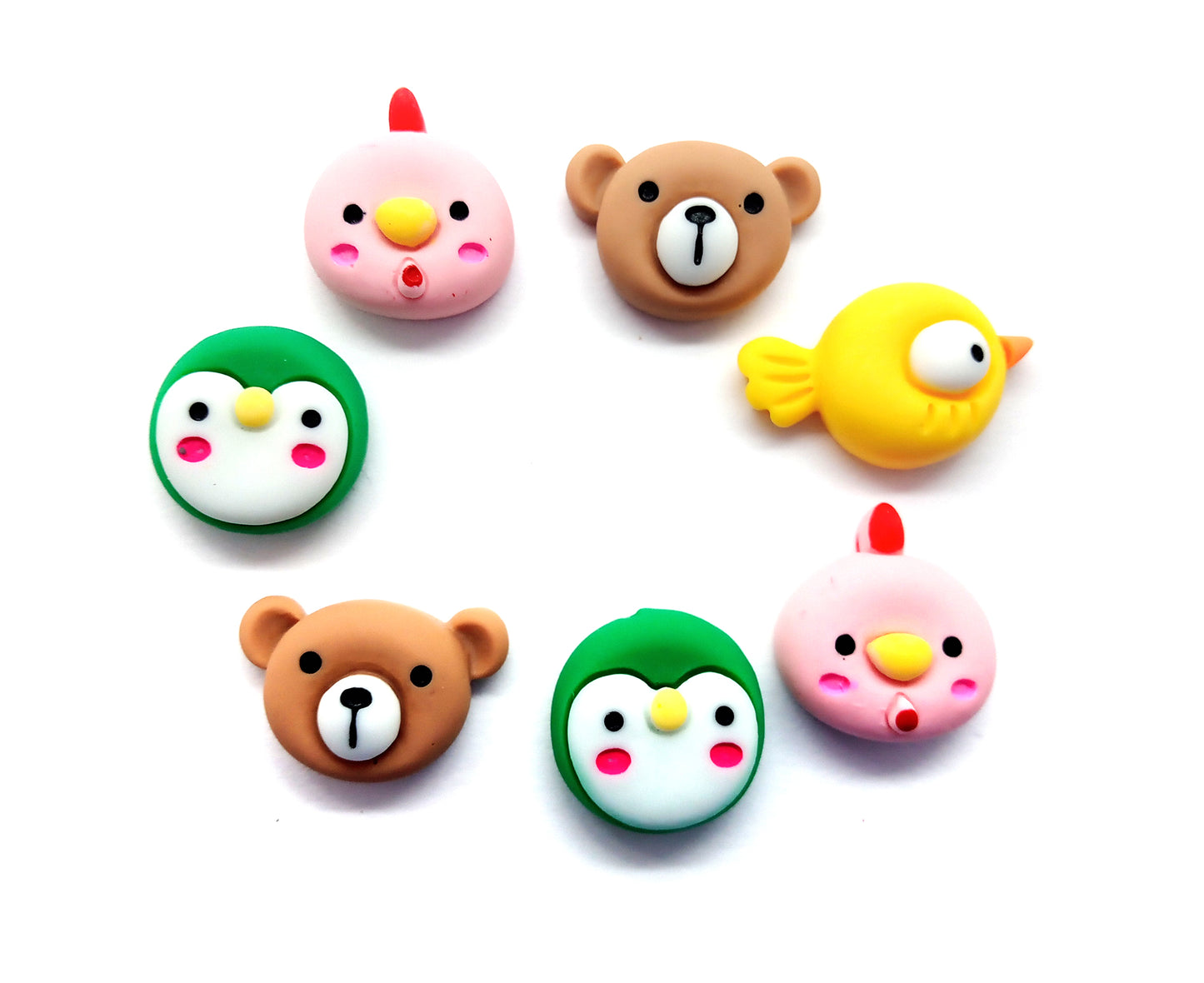 Cute Animal Face Cabochons, Set of 6 Resin Flatbacks, Bear Chicken Bird & Penguin