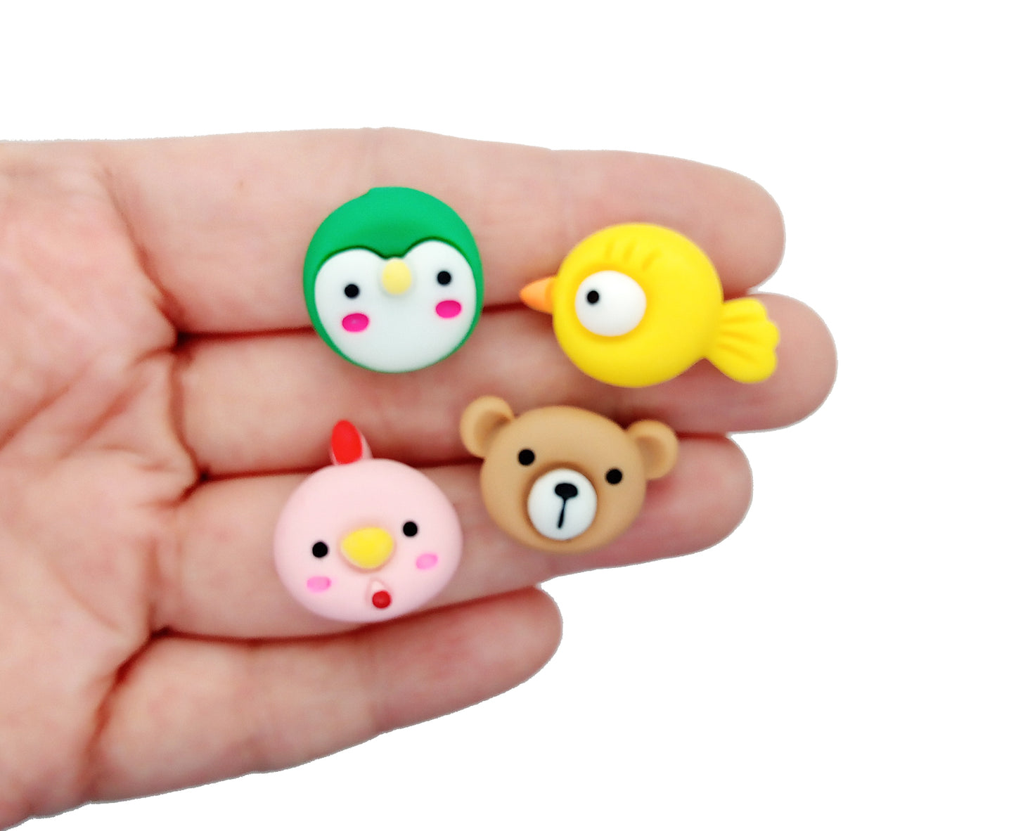 Cute Animal Face Cabochons, Set of 6 Resin Flatbacks, Bear Chicken Bird & Penguin