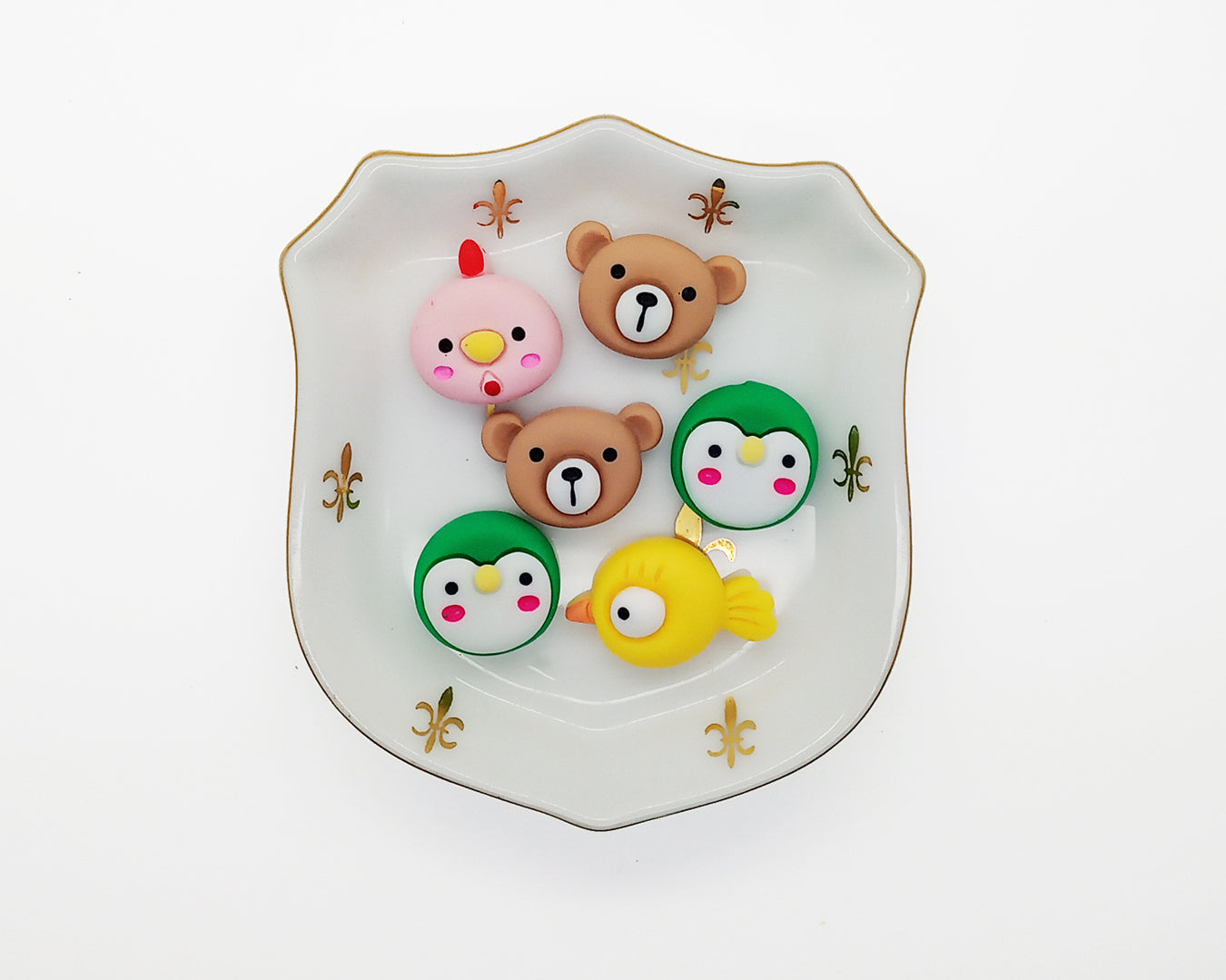 Cute Animal Face Cabochons, Set of 6 Resin Flatbacks, Bear Chicken Bird & Penguin