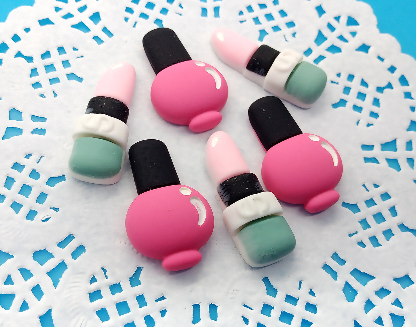 Makeup Resin Cabochons, Set of 6 Nail Polish & Lipstick Flatbacks