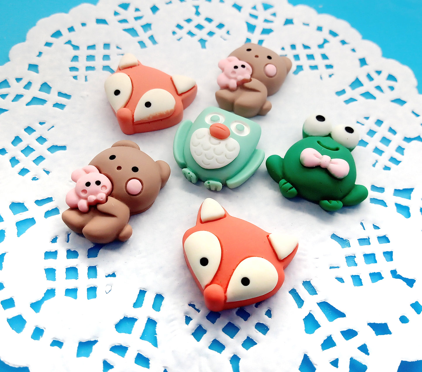 Cute Animal Cabochons, Set of 6 Resin Flatbacks, Frog Bear Owl & Fox