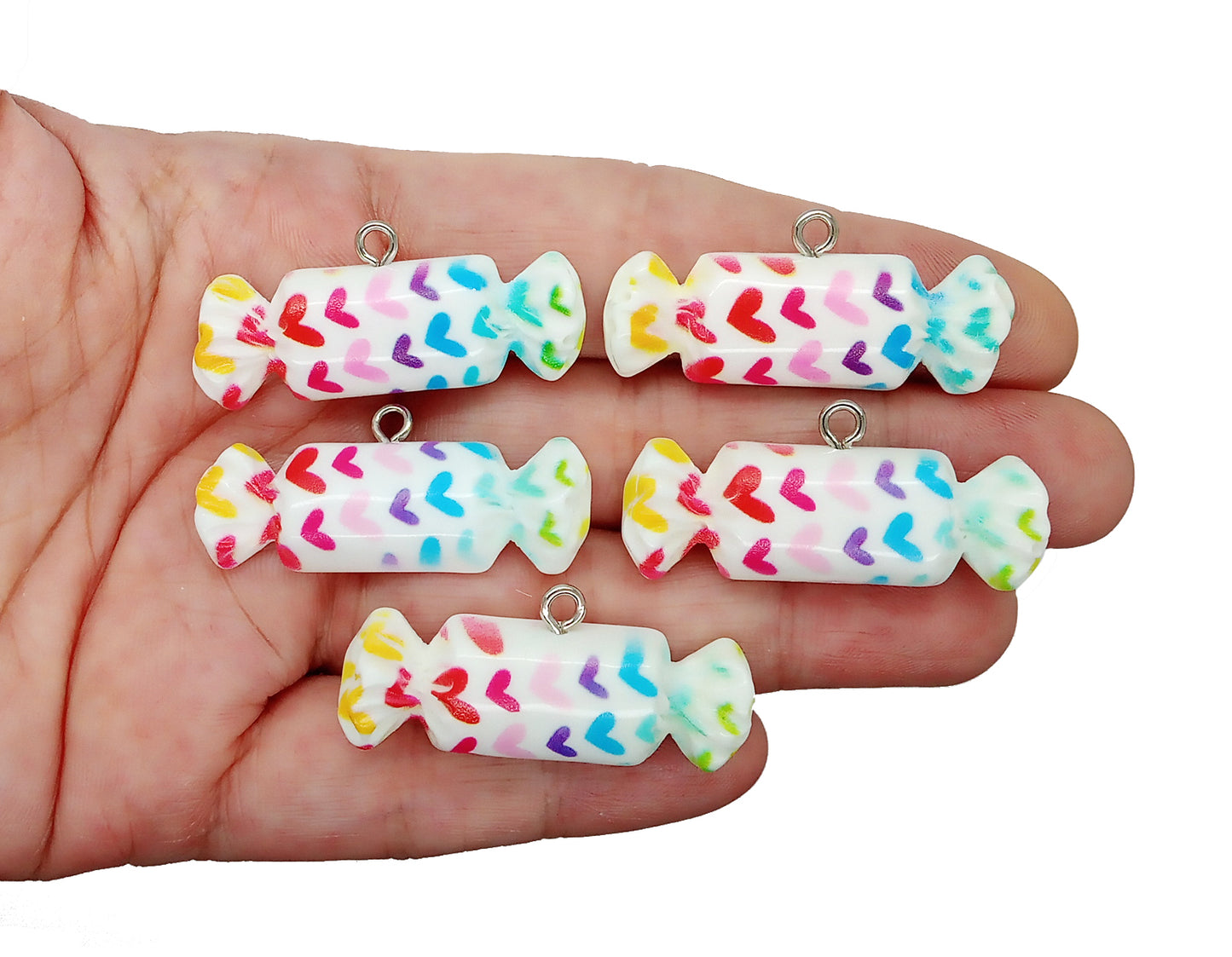 Heart Candy Charms, Resin Cabochon Rainbow Sweet Pendants, 5 pieces