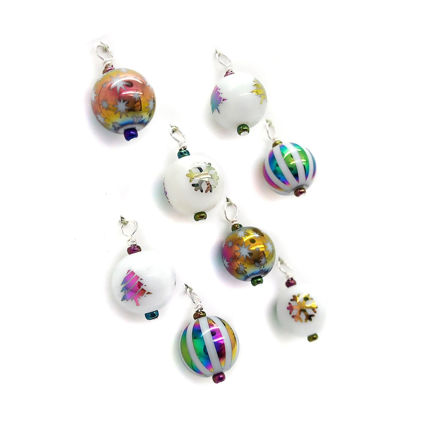 Winter-Themed Rainbow Mini Ornaments, Set of 8, 1:12 scale Glass Baubles