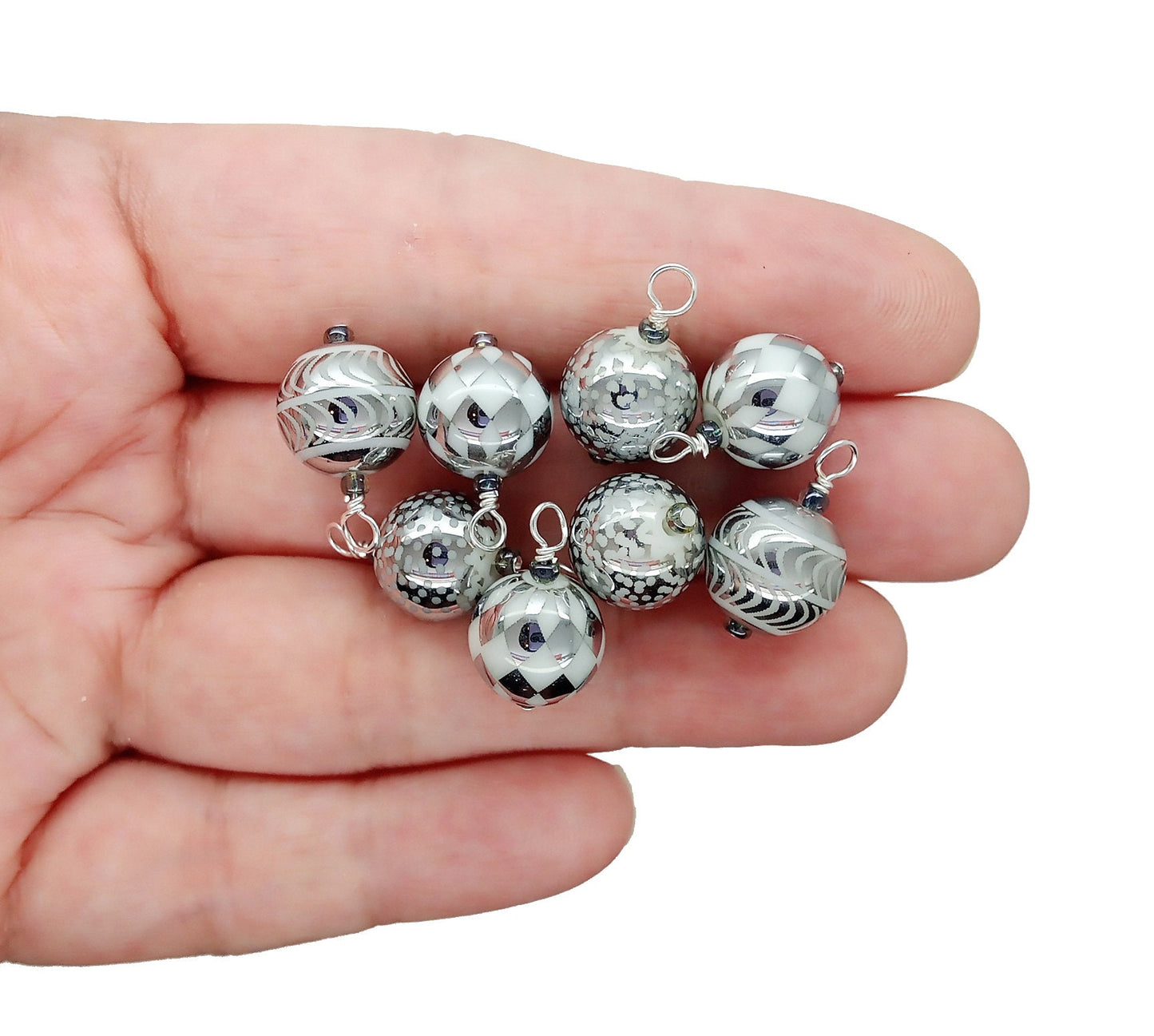 Set of 8 Silver Patterned Miniature Ornaments for Dollhouse Tree