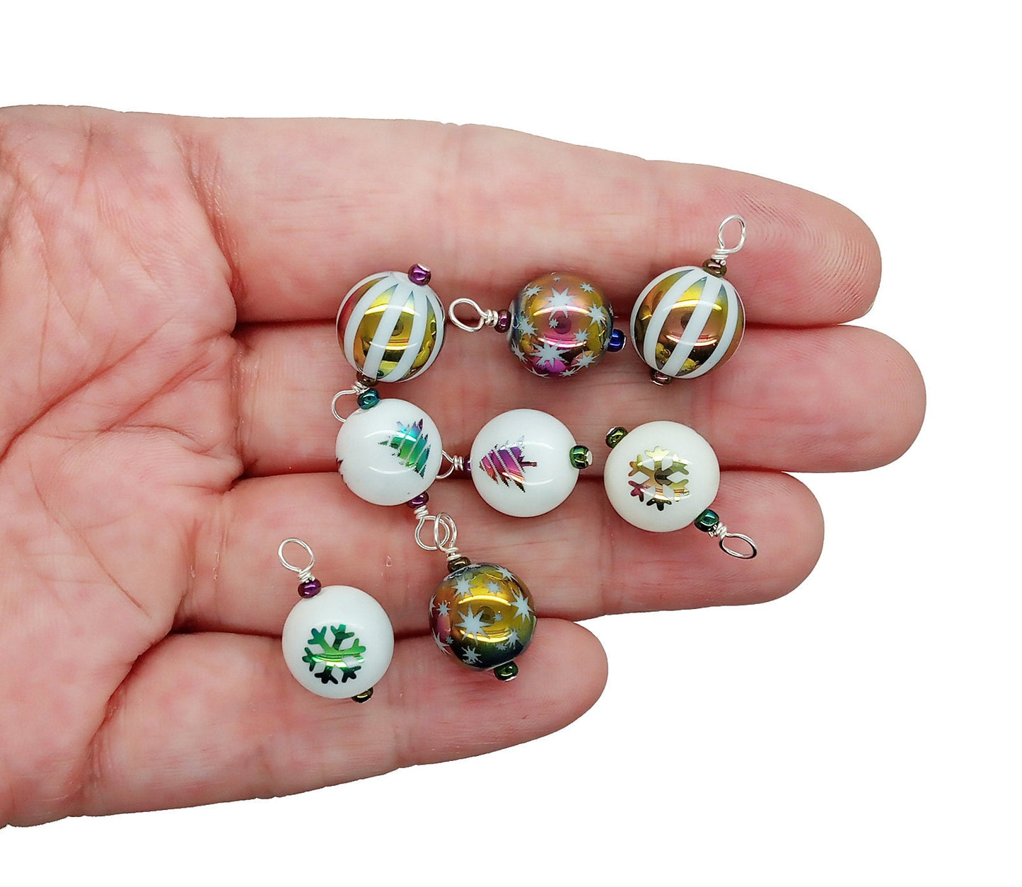 Winter-Themed Rainbow Mini Ornaments, Set of 8, 1:12 scale Glass Baubles