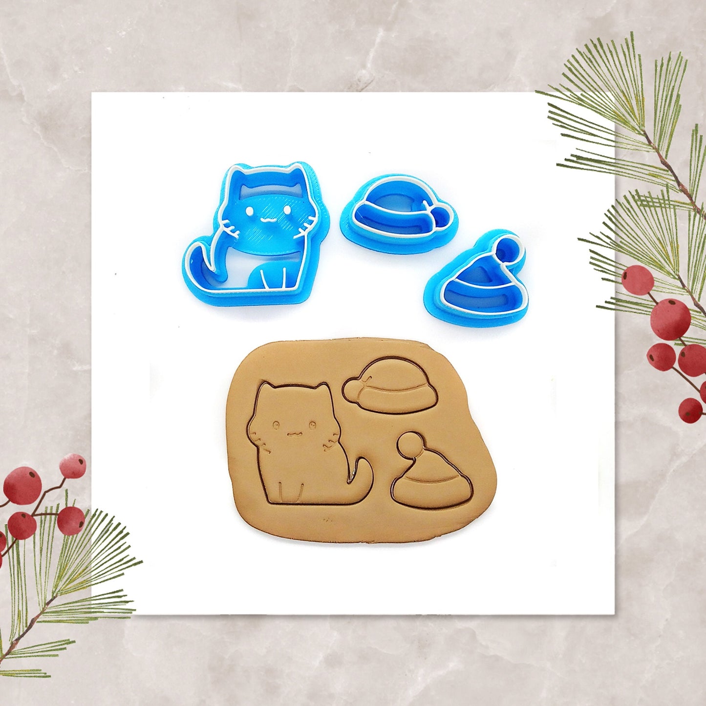 Christmas Kitty Clay Cutters, Set of 3, Cute Cat with Santa Hats
