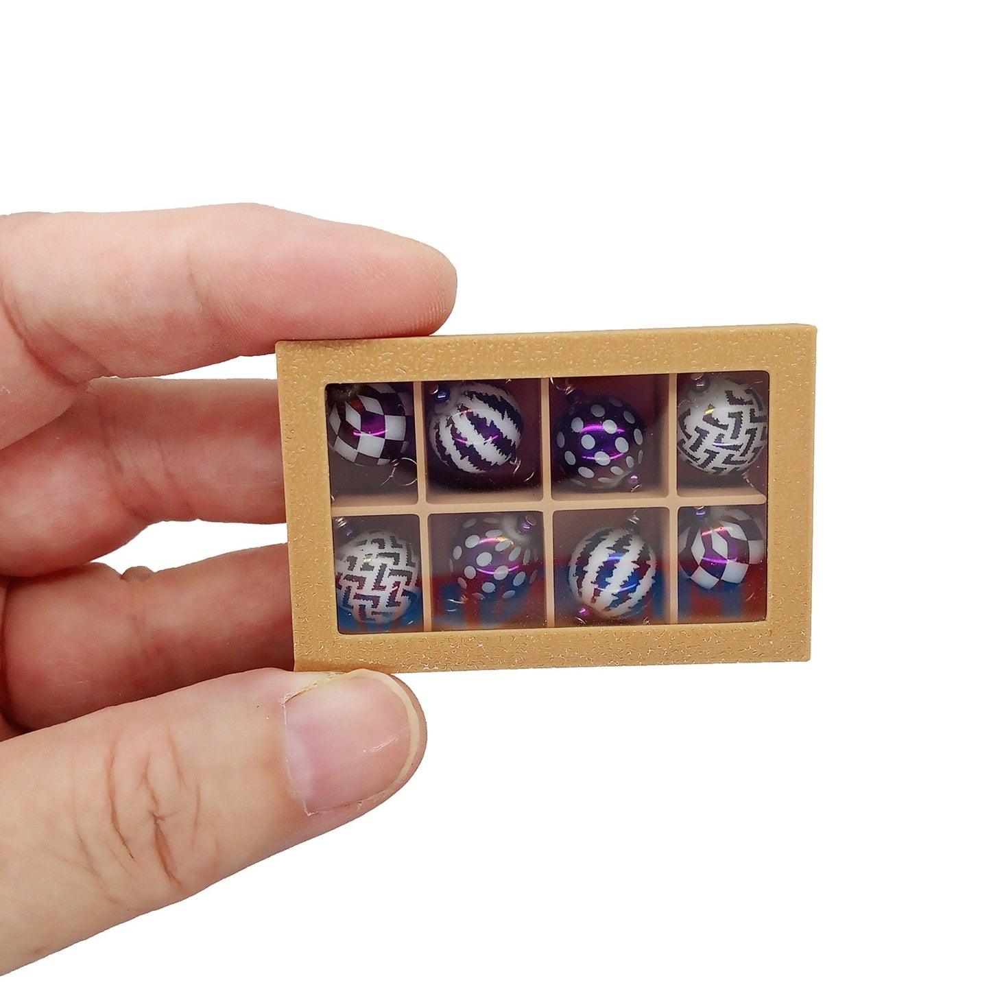 Purple Miniature Ornaments in Storage Box, 1:12 Dollhouse Christmas Baubles