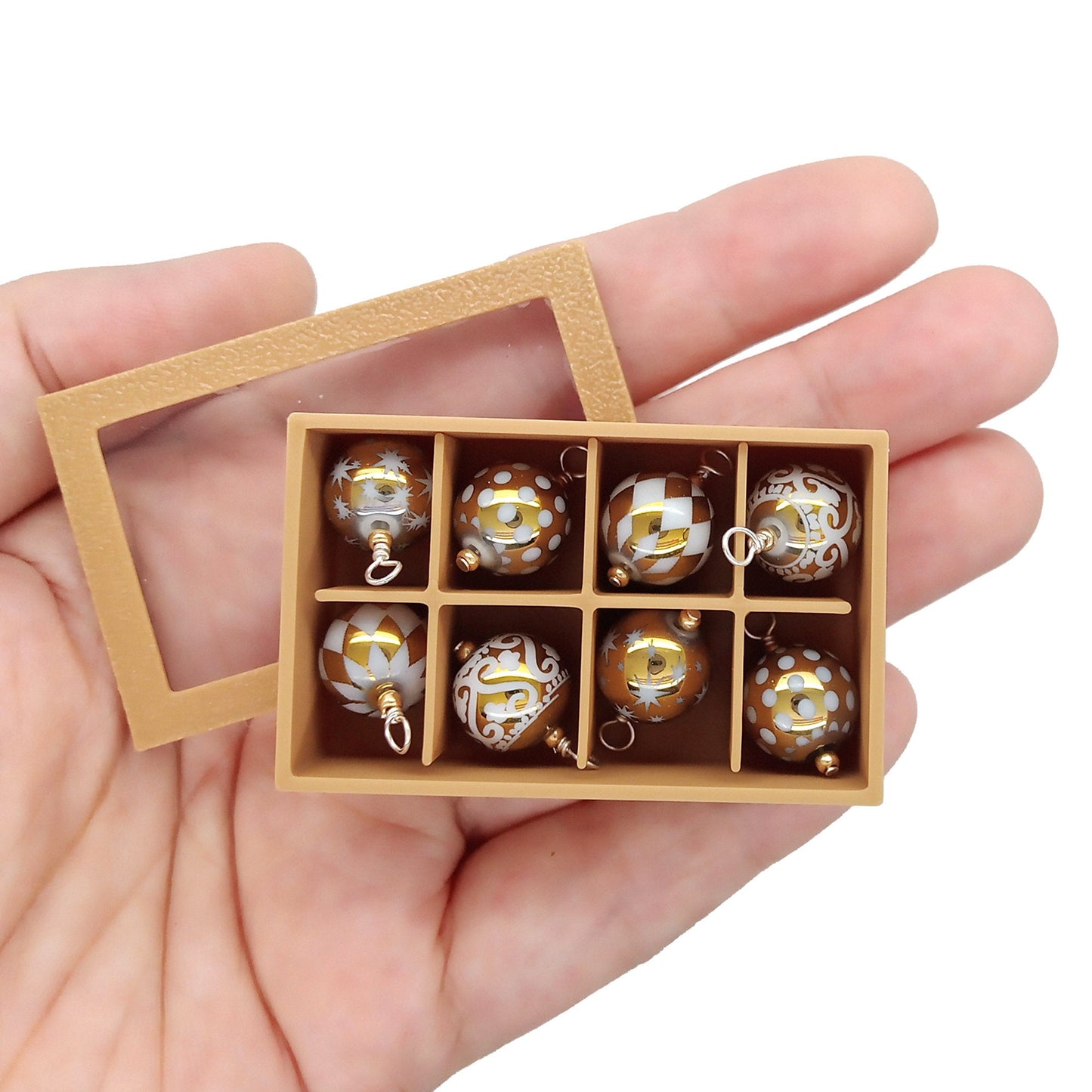 Gold Miniature Christmas Ornaments in Storage Box