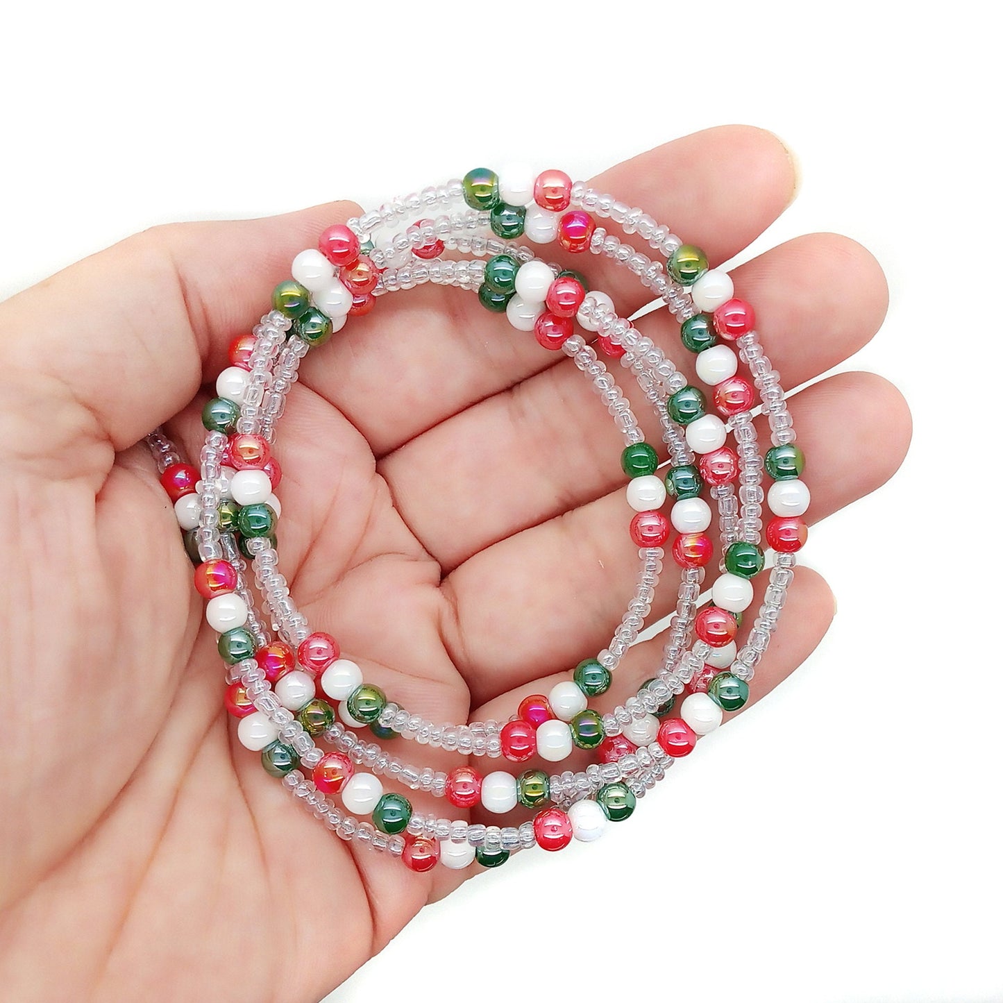 Miniature Christmas Tree Garland, Red White & Green Beaded Wire