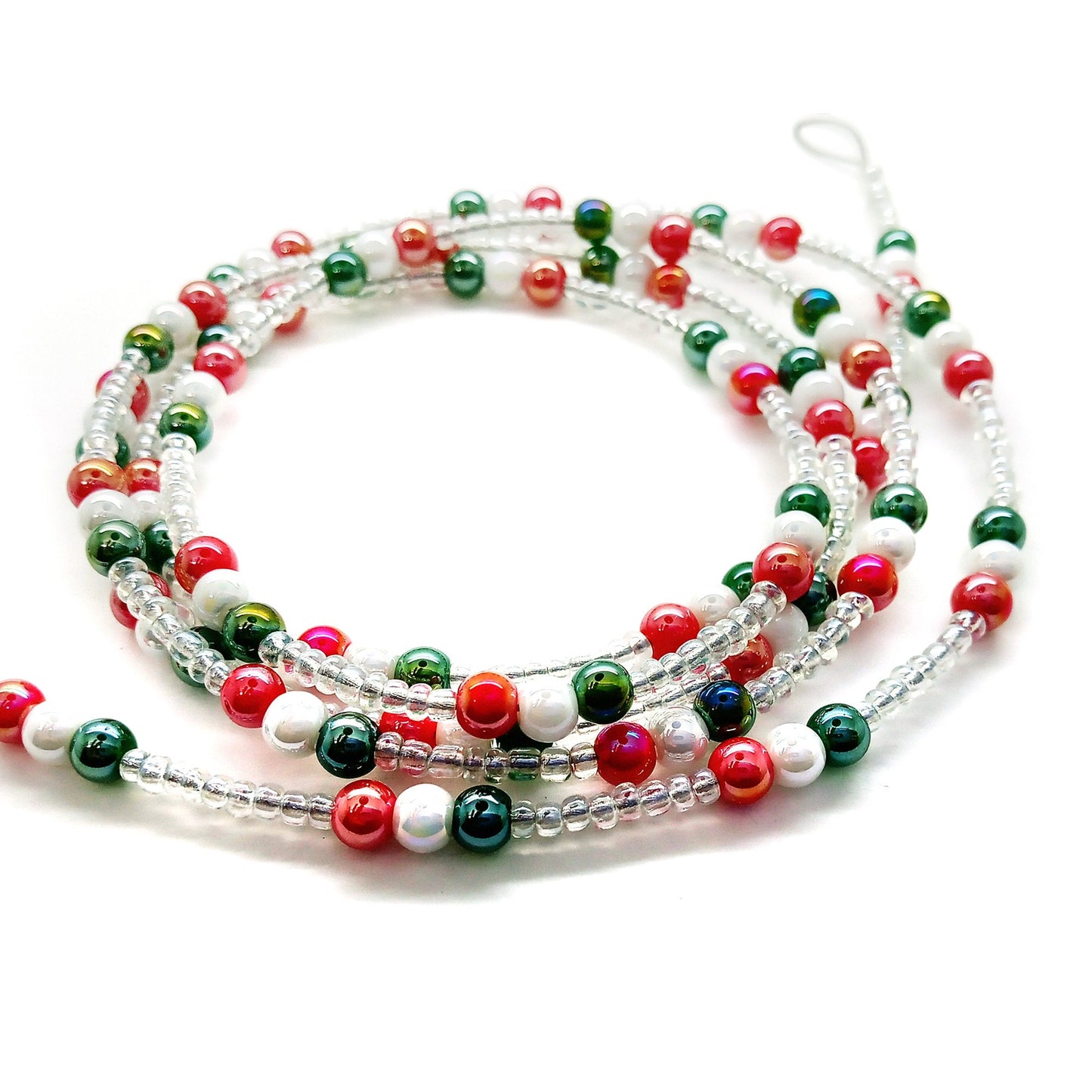 Miniature Christmas Tree Garland, Red White & Green Beaded Wire