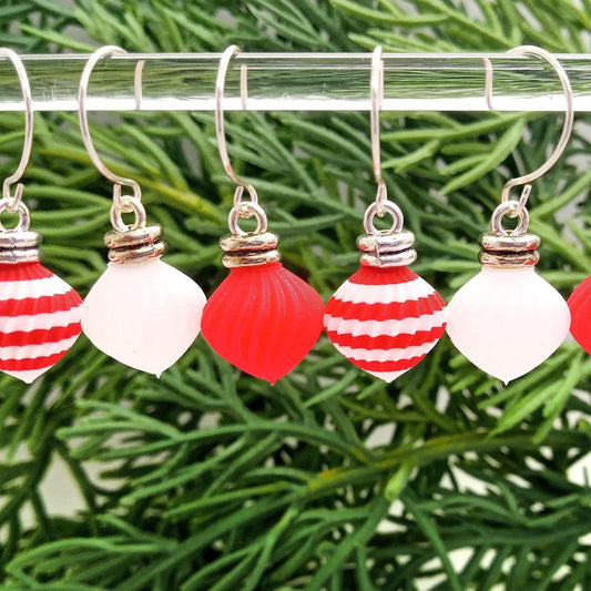 Miniature Christmas ornaments with hooks/hangers in white, red and a red and white striped pattern. Made by Adorabilities and Teeny Tiny Christmas.
