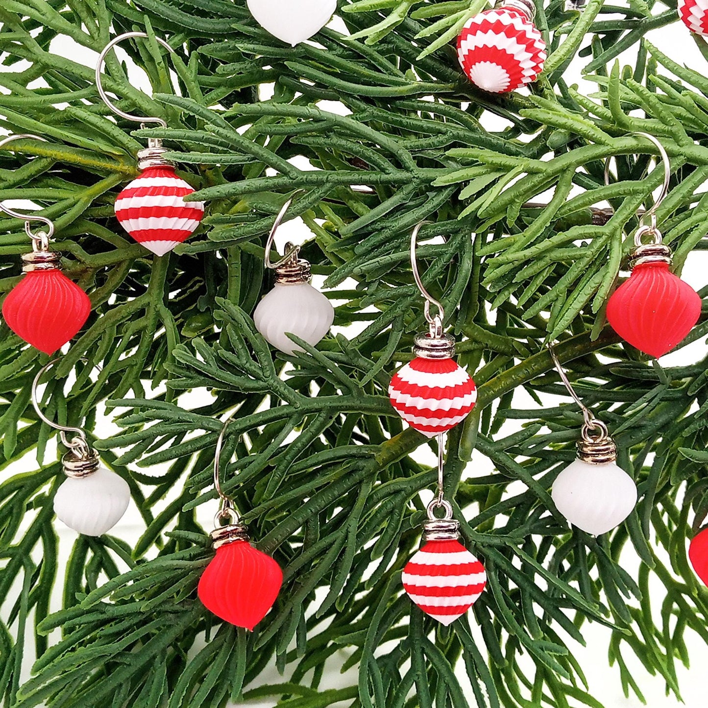 Miniature Ornaments in Red & White Stripes, 8 pcs, Tiny Christmas Baubles