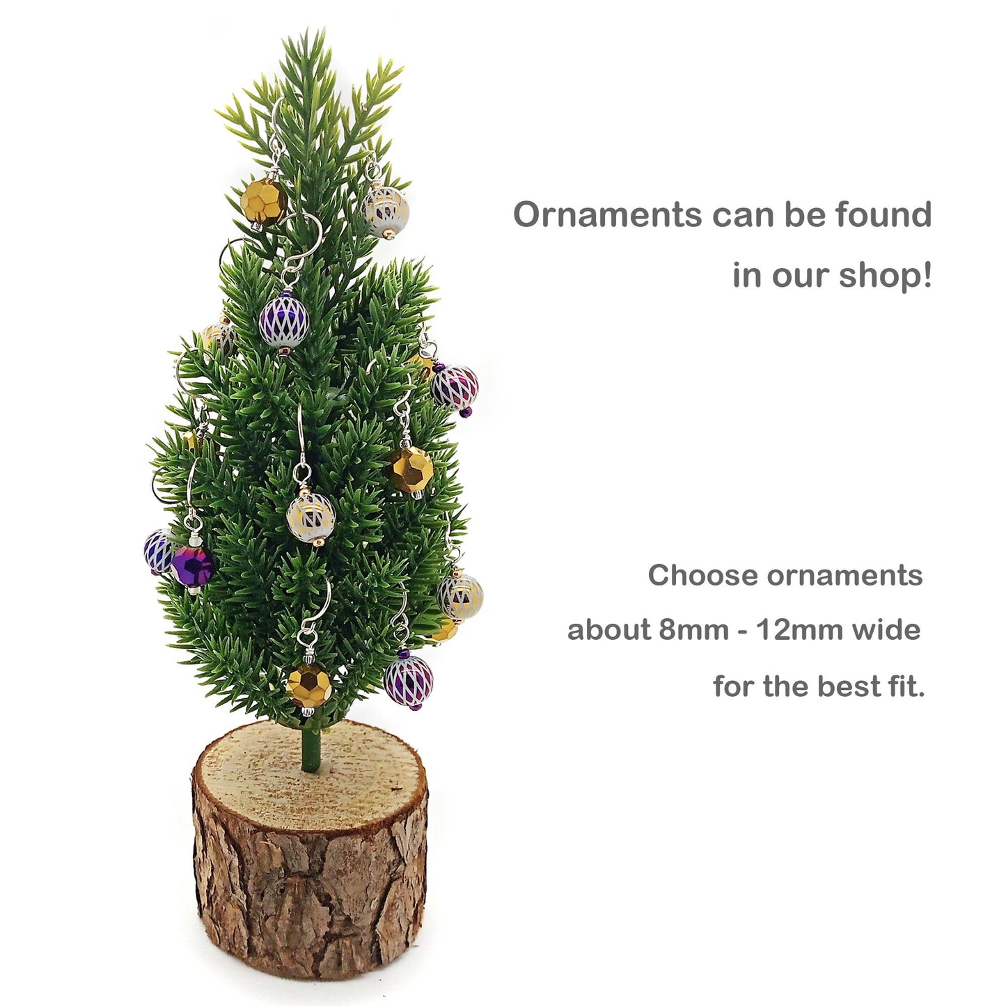 Example of tiny ornaments on a miniature Christmas tree.