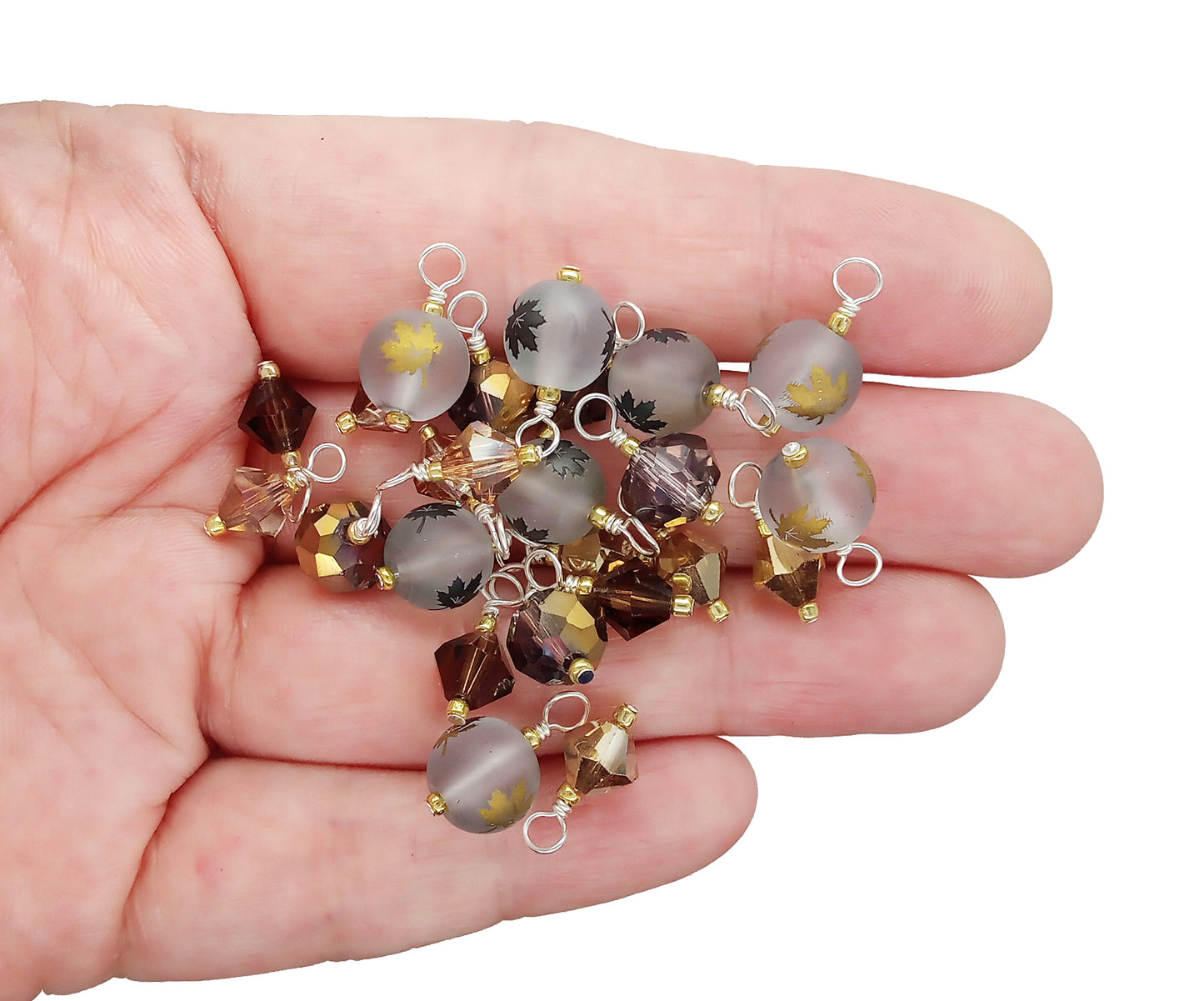 Beautiful Fall Leaf Bead Charms in Brown & Gold, with Crystal Dangles, 24 pieces