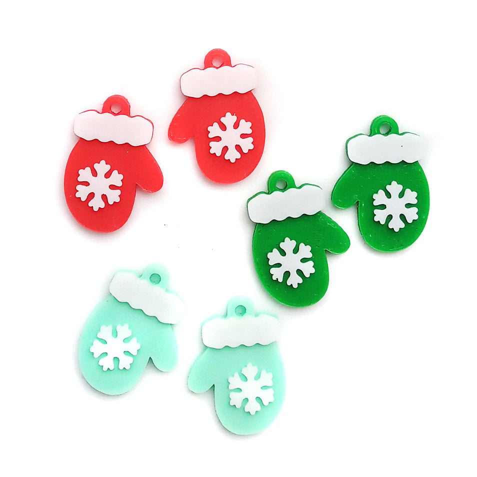 Christmas Mitten Charms, 6 pieces, Red Green & Mint Pairs